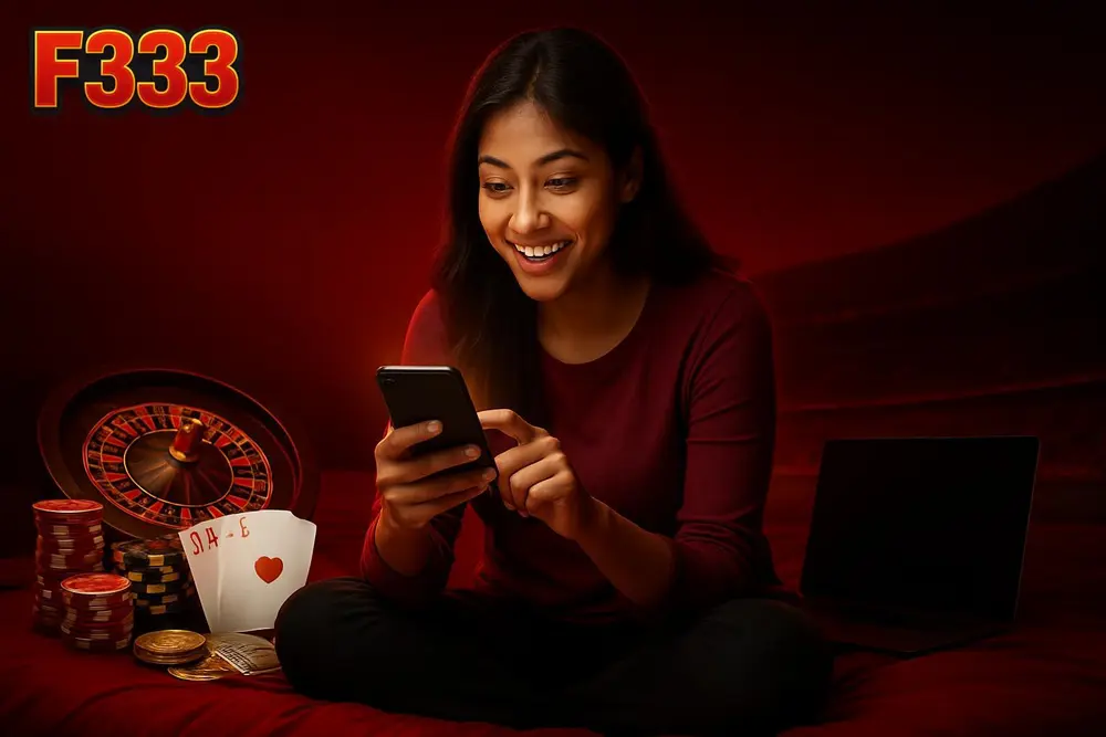 F333 App Download — a young Bangladeshi woman sitting cross-legged on a bed excitedly tapping her phone screen with