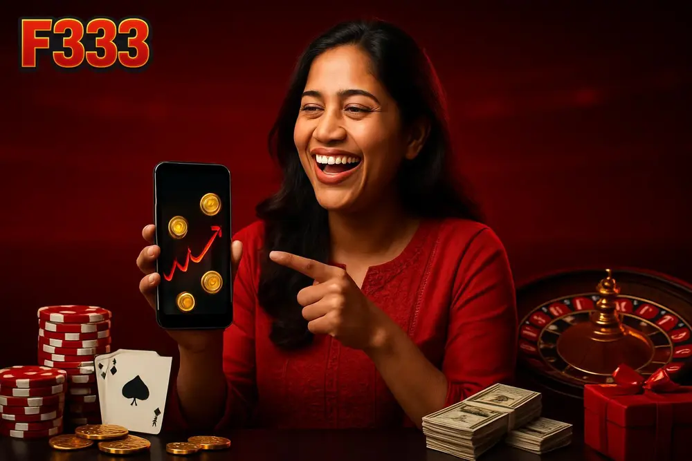 F333 Aviator Game โ a Bangladeshi woman laughing joyfully while pointing at a rising graph animation with golden F333 Aviator Game โ a Bangladeshi woman laughing joyfully while pointing at a rising graph animation with golden