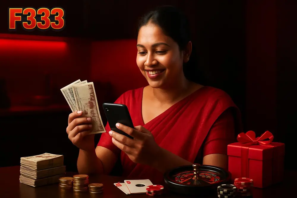 F333 bKash Deposit — a Bangladeshi woman sitting at a kitchen table smiling while completing a mobile payment with a