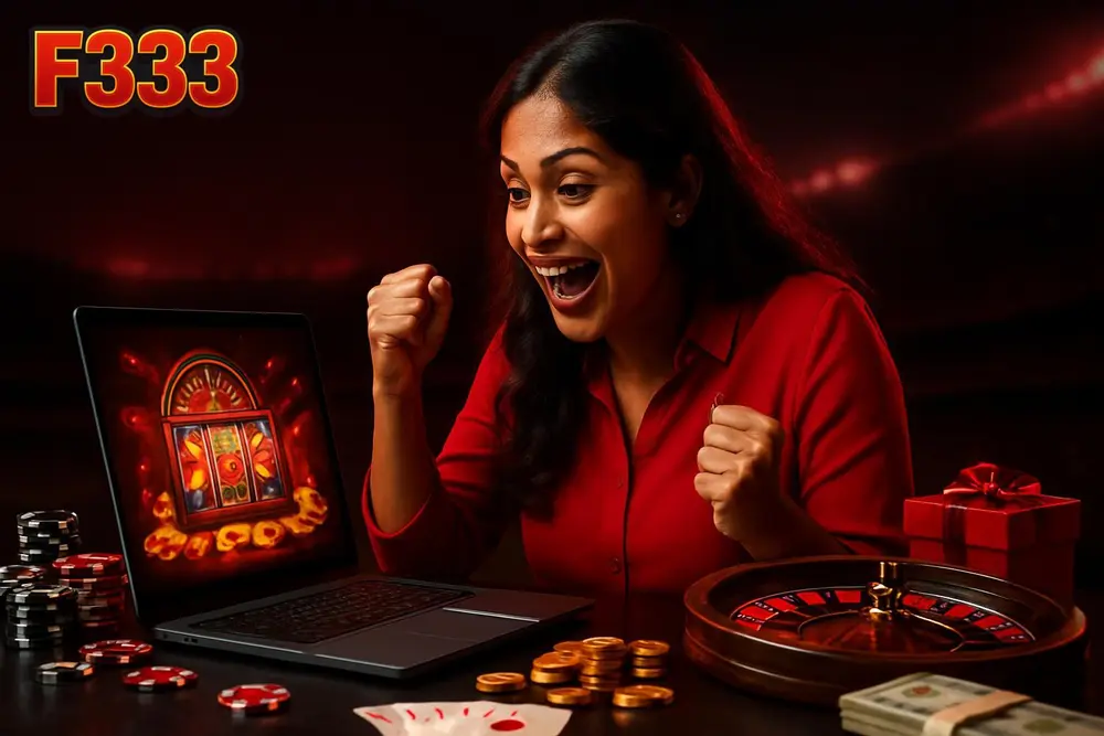 F333 Bangladesh — a Bangladeshi woman celebrating excitedly at a table with a laptop showing colorful game graphics F333 Bangladesh — a Bangladeshi woman celebrating excitedly at a table with a laptop showing colorful game graphics