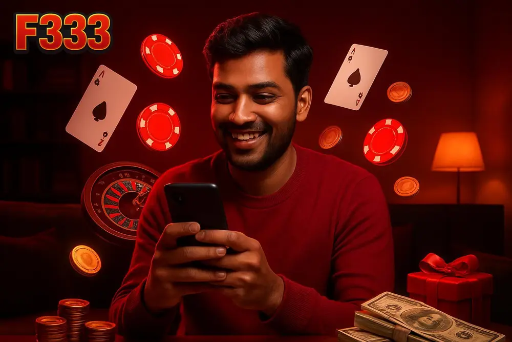F333 Bangladesh — a young Bangladeshi man smiling while holding a smartphone with glowing casino chips and cards F333 Bangladesh — a young Bangladeshi man smiling while holding a smartphone with glowing casino chips and cards
