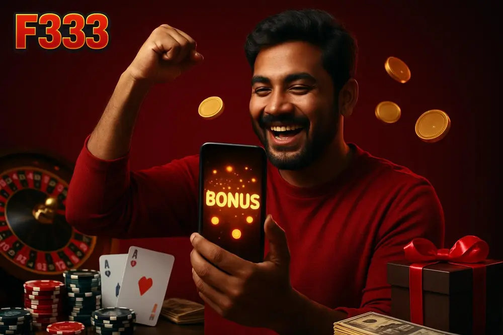 F333 Signup Bonus โ a Bangladeshi man raising his fist in celebration next to a smartphone showing sparkling bonus F333 Signup Bonus โ a Bangladeshi man raising his fist in celebration next to a smartphone showing sparkling bonus
