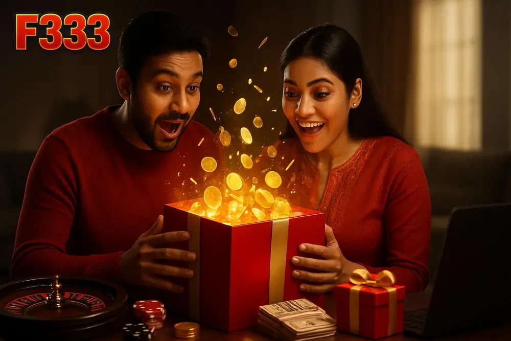 F333 Signup Bonus โ an excited Bangladeshi couple opening a giant glowing gift box bursting with golden coins and F333 Signup Bonus โ an excited Bangladeshi couple opening a giant glowing gift box bursting with golden coins and